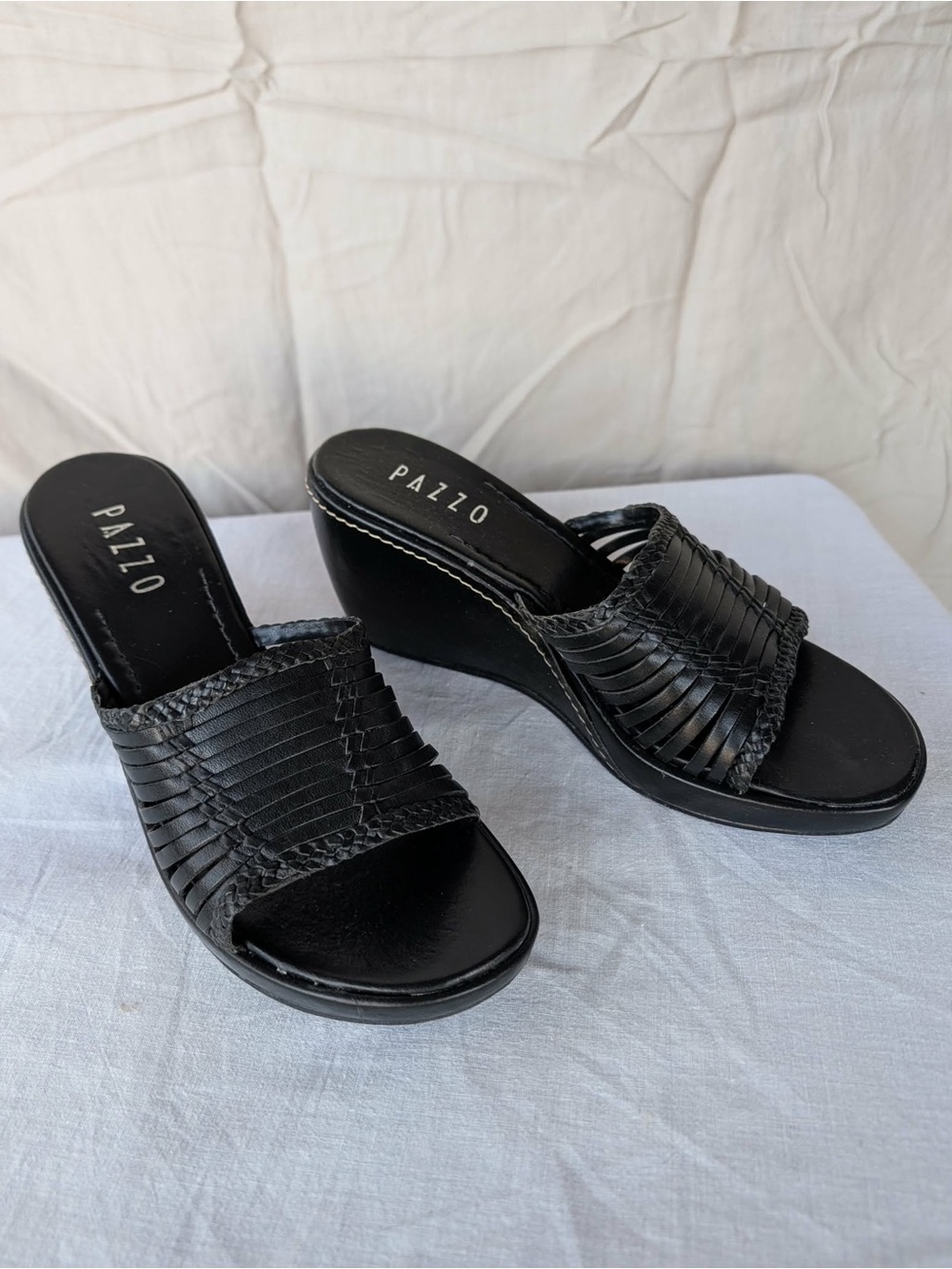 PAZZO Black Woven Slip-On Wedge Sandals